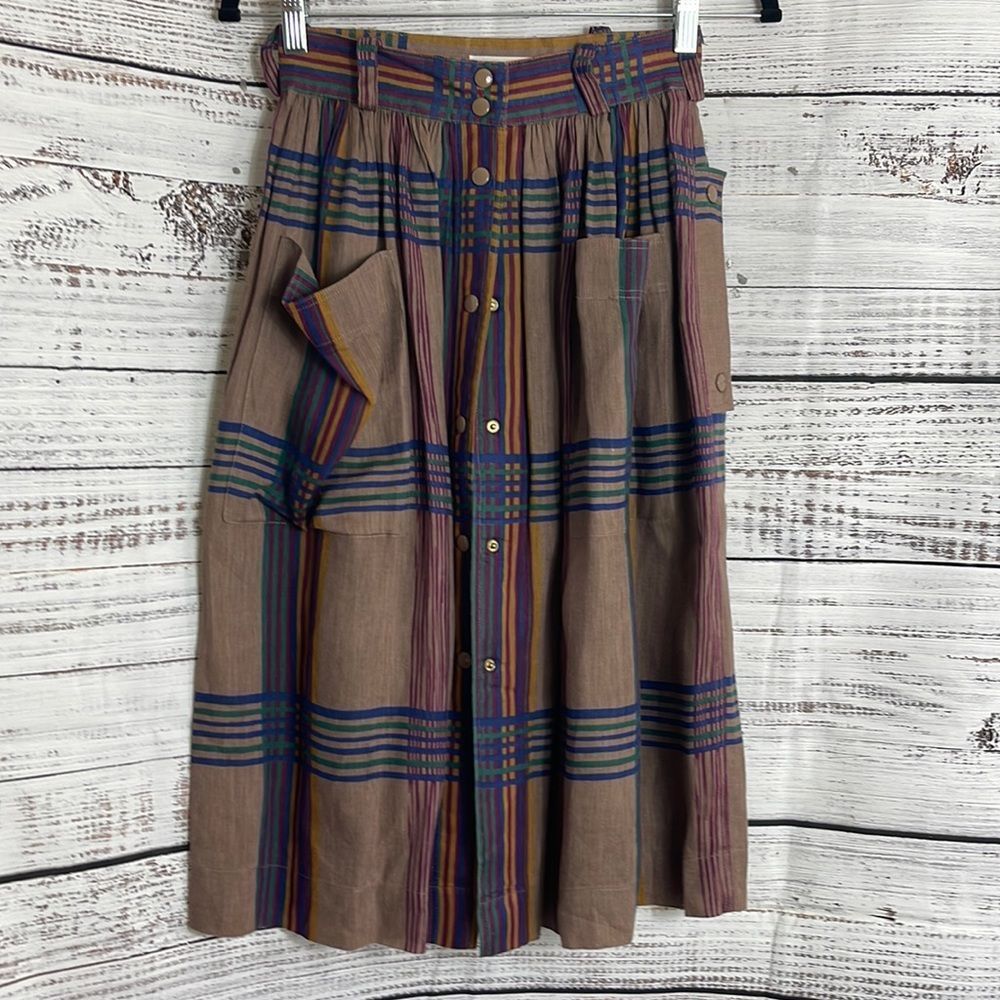 Escada Brown Plaid Midi Skirt with Blue and Purple Stripes
